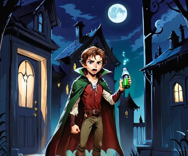 Fantasy scene with a young hero holding a glowing potion in a dark village under a full moon