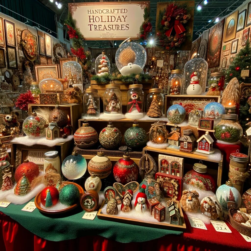 Fredericksburg 2024 Countdown to Christmas- A close-up view of a holiday market vendor's booth at a Christmas expo, filled with an assortment of handmade crafts. There are festive decorations, h